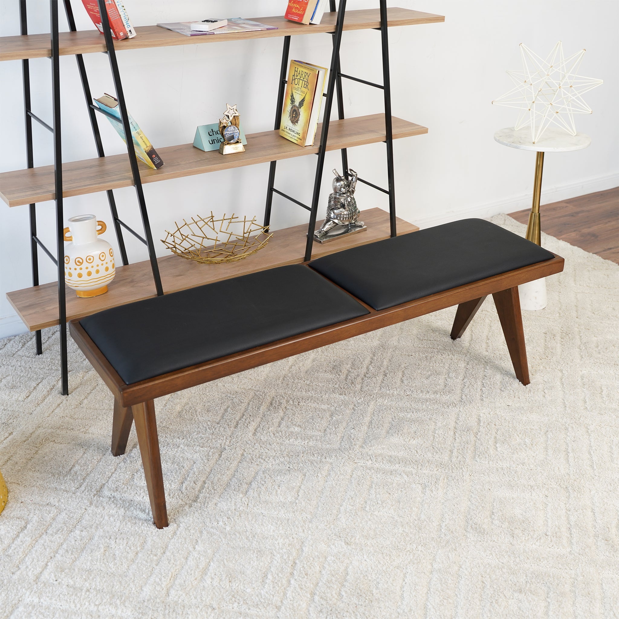 Kora Black Leather Bench - MidinMod