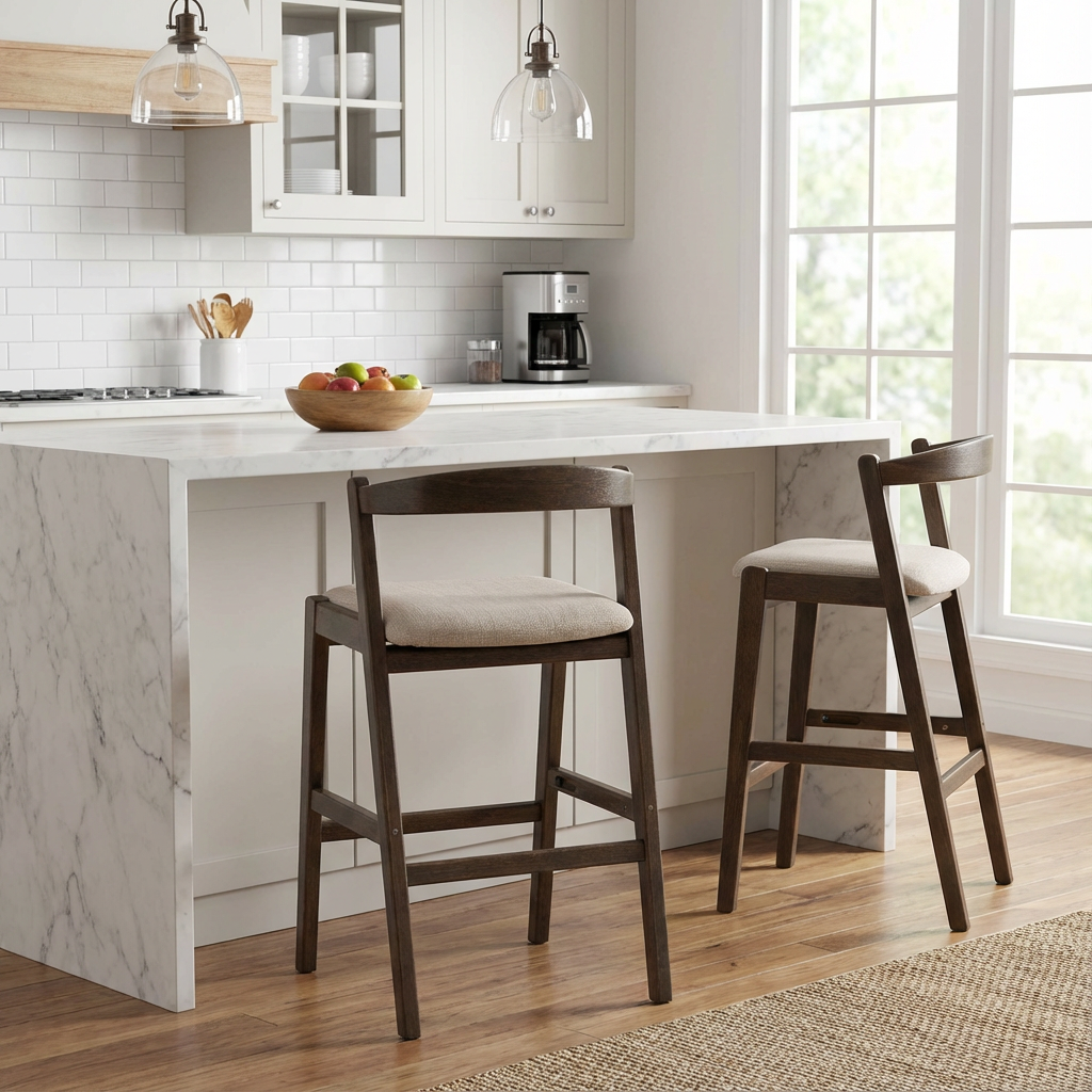 Balmain Indoor Rubberwood Barstool, Dark Brown Finished and Beige Upholstery, Set of 2