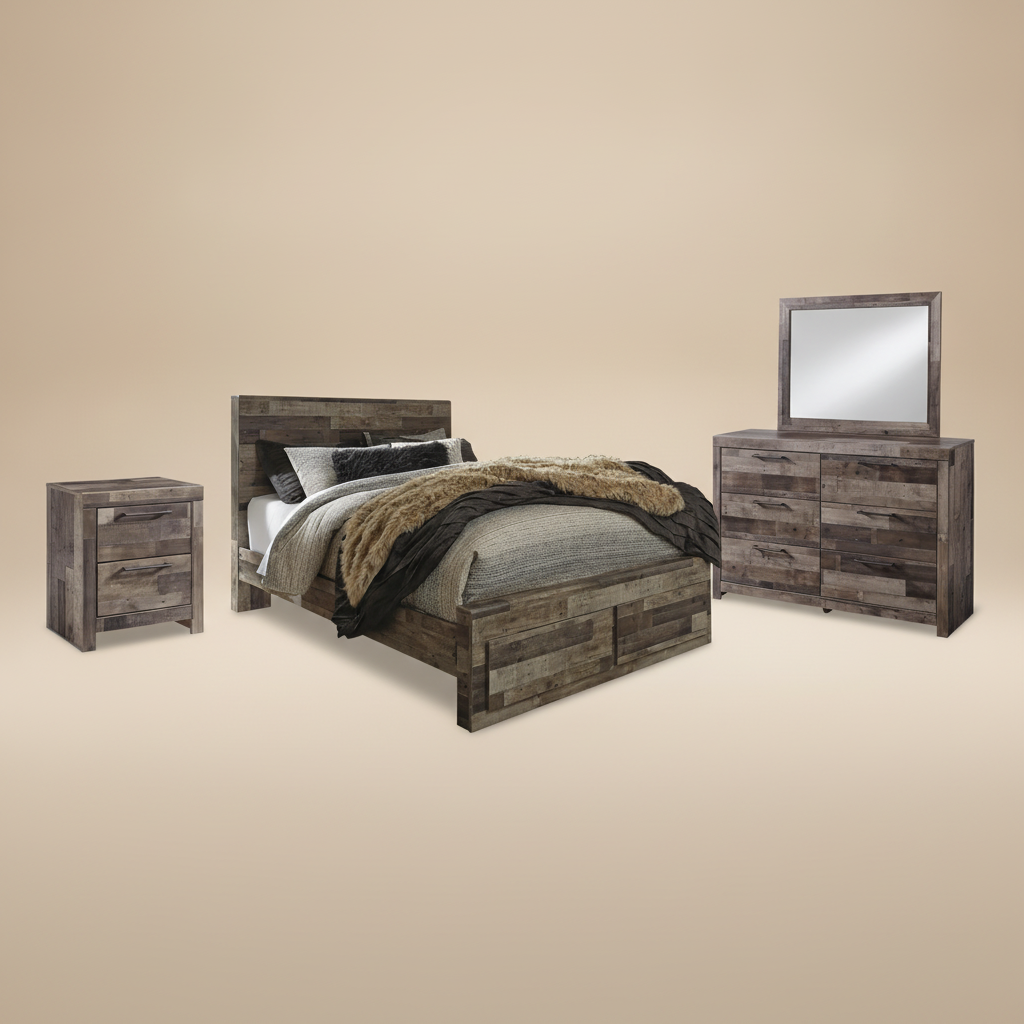 Derekson Queen Panel Bed with 2 Storage Drawers with Mirrored Dresser, Chest and Nightstand