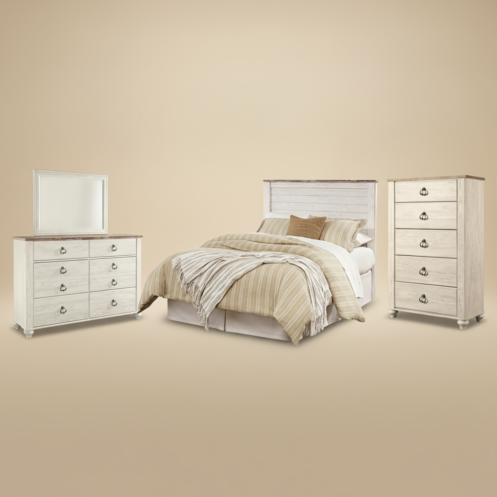 Willowton Queen/Full Panel Headboard Bed with Mirrored Dresser and Chest