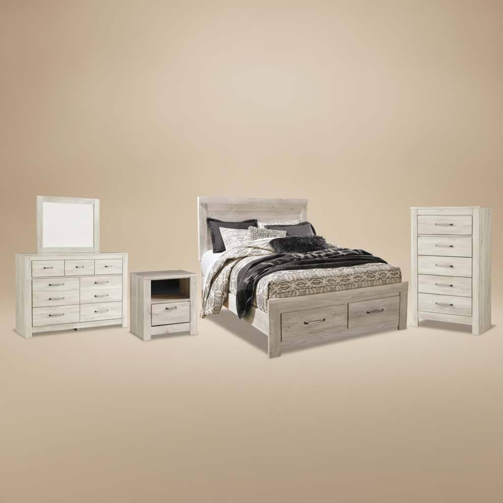 Bellaby Queen Platform Bed with 2 Storage Drawers with Mirrored Dresser, Chest and Nightstand