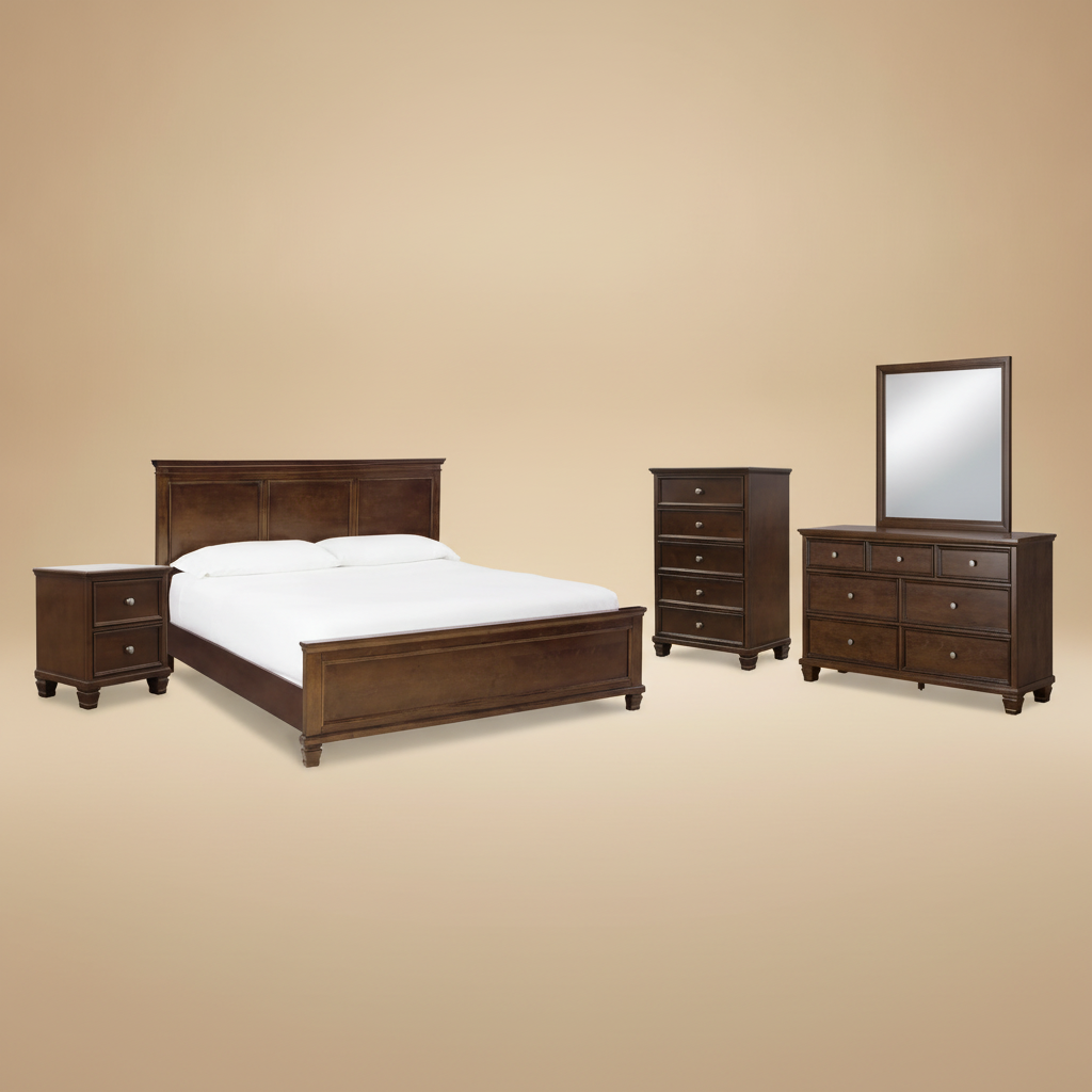 Danabrin King Panel Bed with Mirrored Dresser, Chest and Nightstand