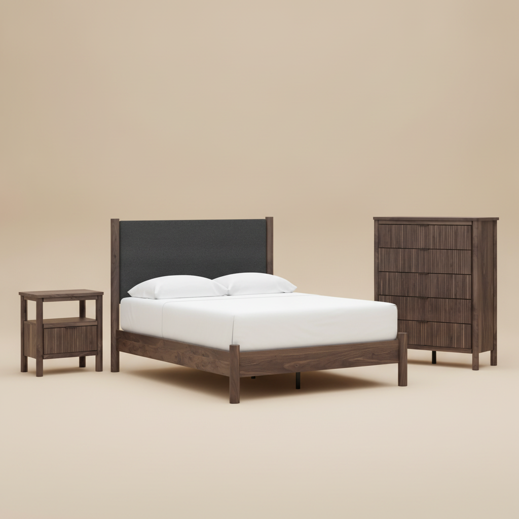 Cadmori Queen Upholstered Panel Platform Bed, Dresser, Mirror, Chest and Nightstand