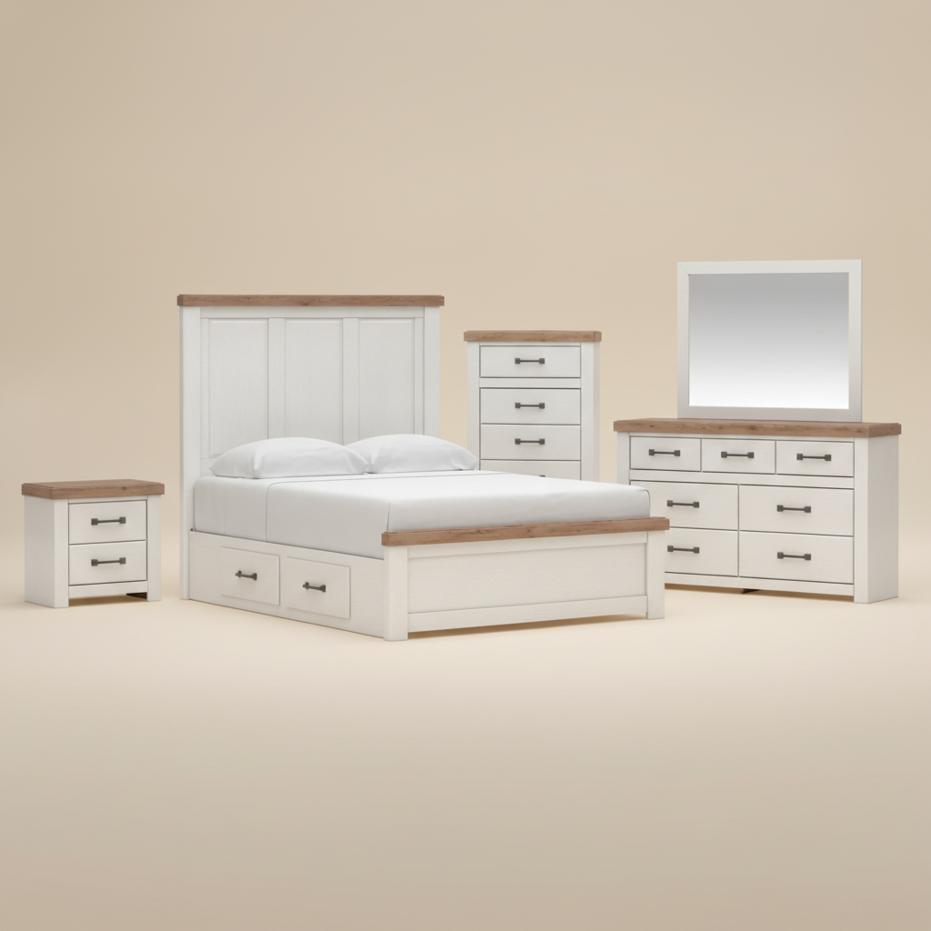 Savonport Queen Panel Bed with Storage, Dresser, Mirror, Chest and Nightstand