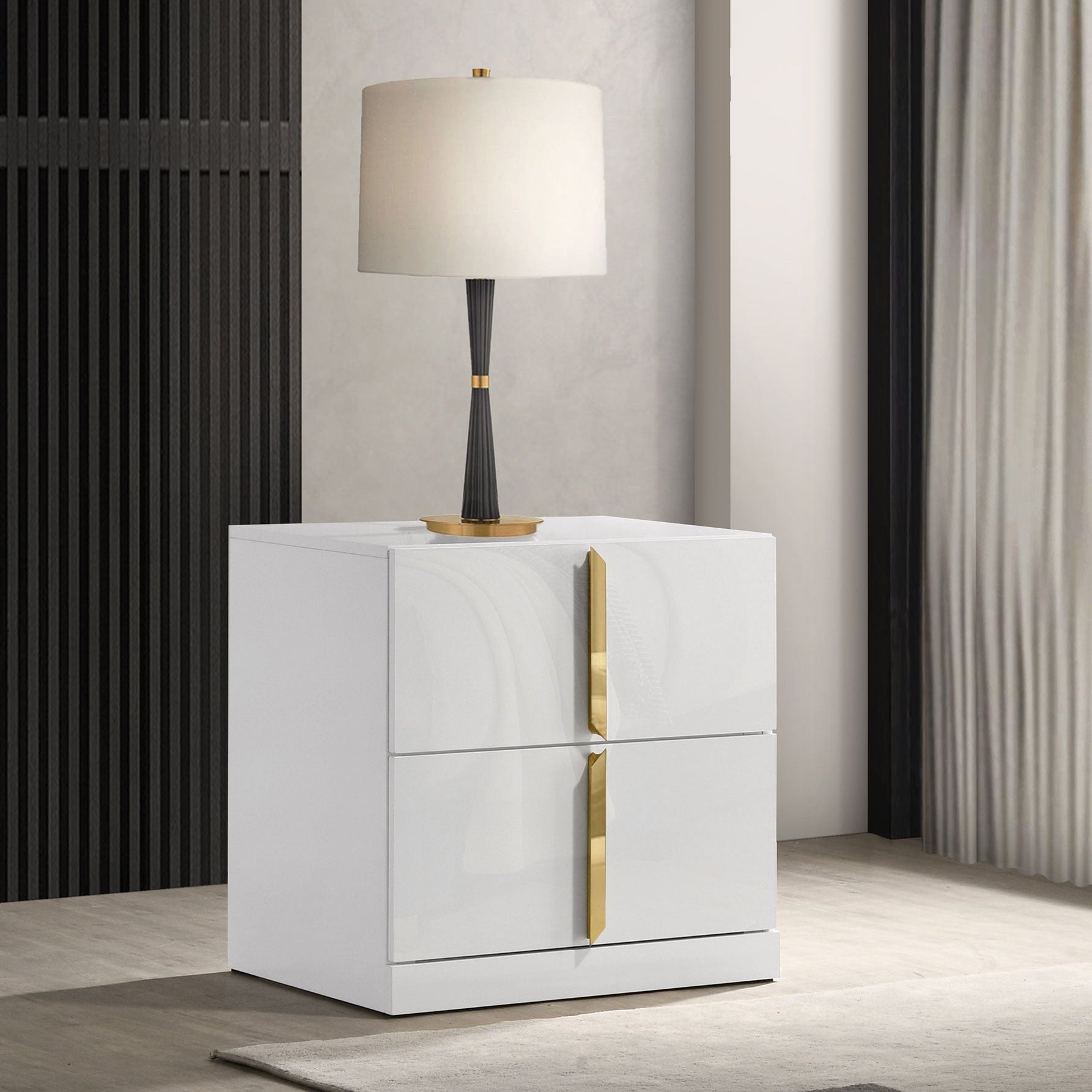 Ines 2-drawer Nightstand Bedside Table White High Gloss