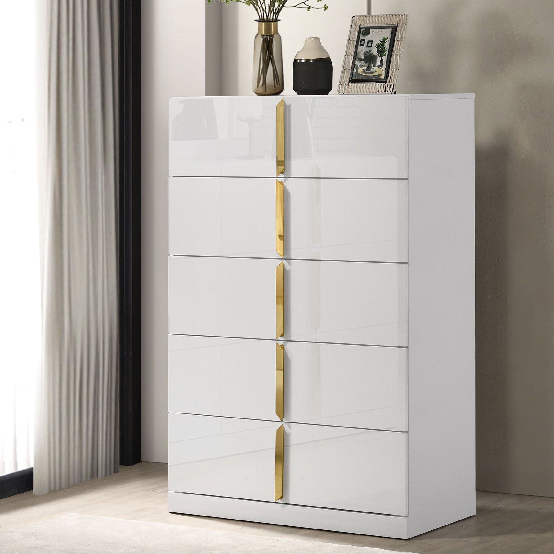 Ines 5-drawer Bedroom Chest of Drawers White High Gloss