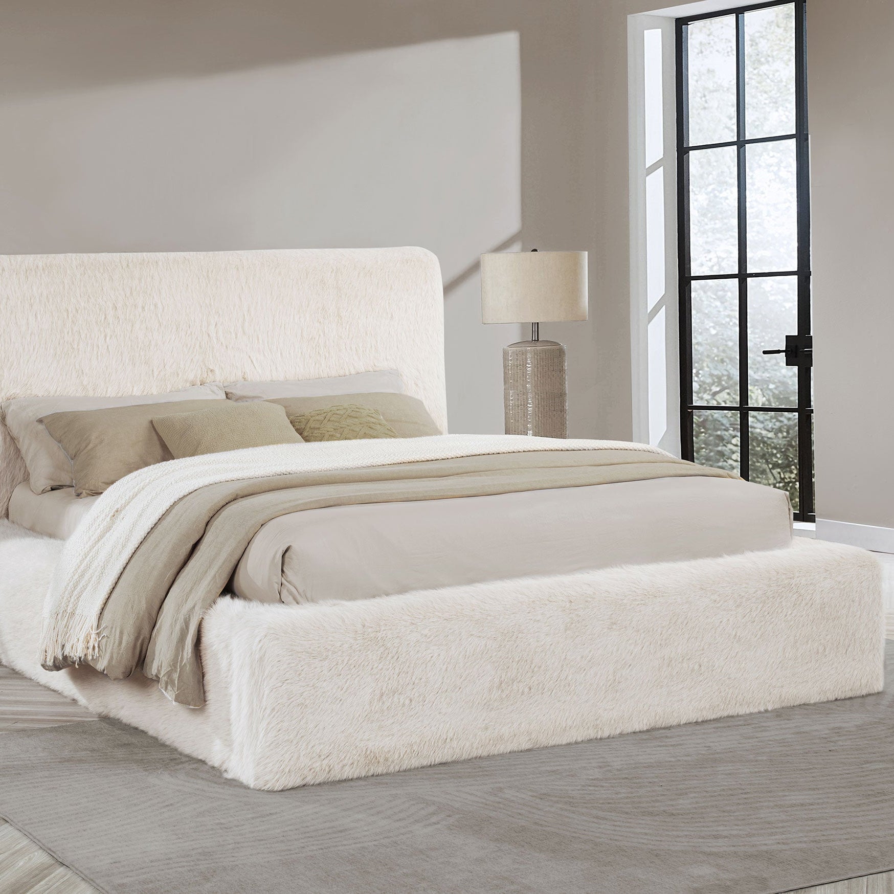 Rebecca Faux Fur Upholstered Queen Bed Cream