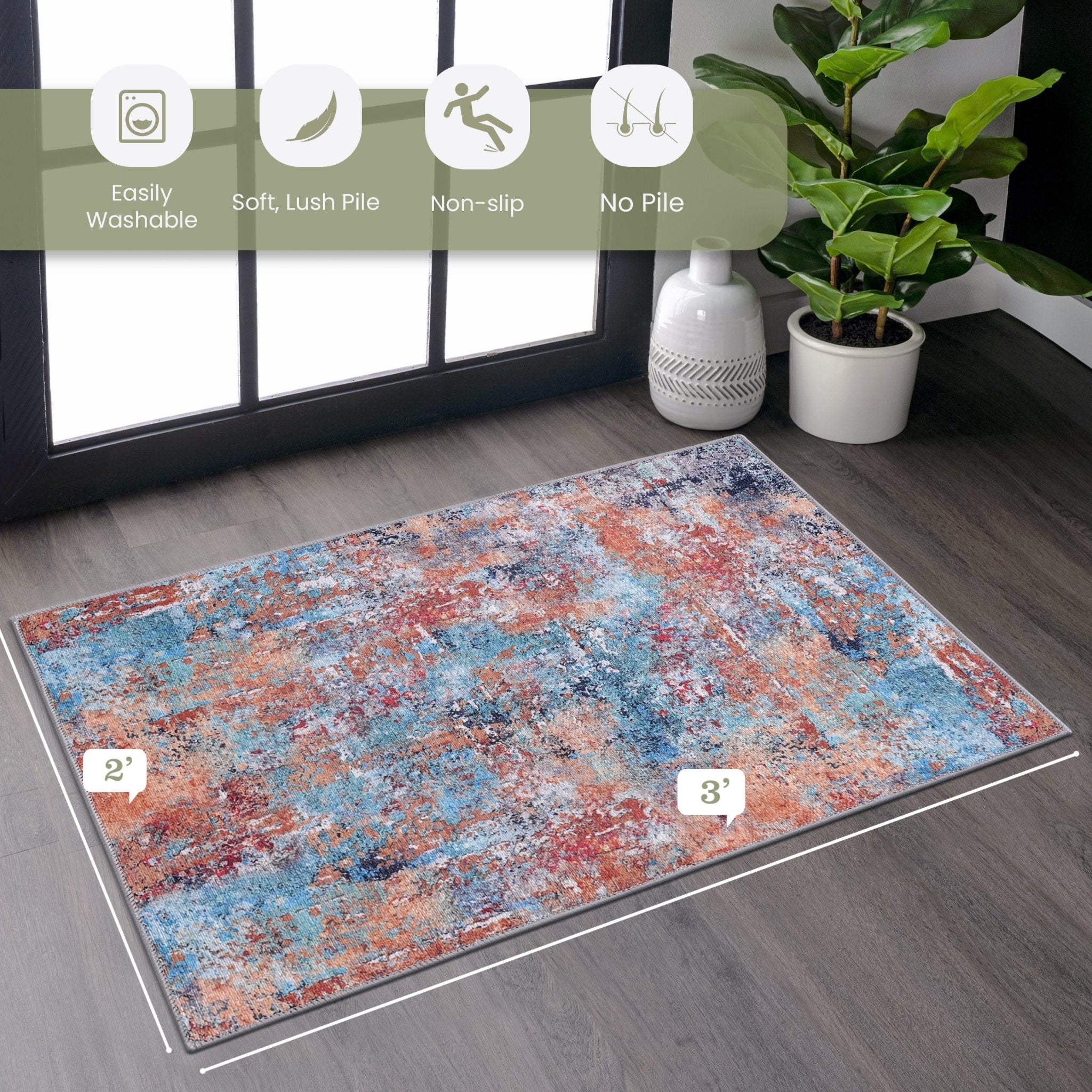 Layla 2' x 3' Multi Color Machine Washable Low-Pile, Non-Slip, Non-Shedding, Foldable, Kid & Pet Friendly Area Rug - MidinMod