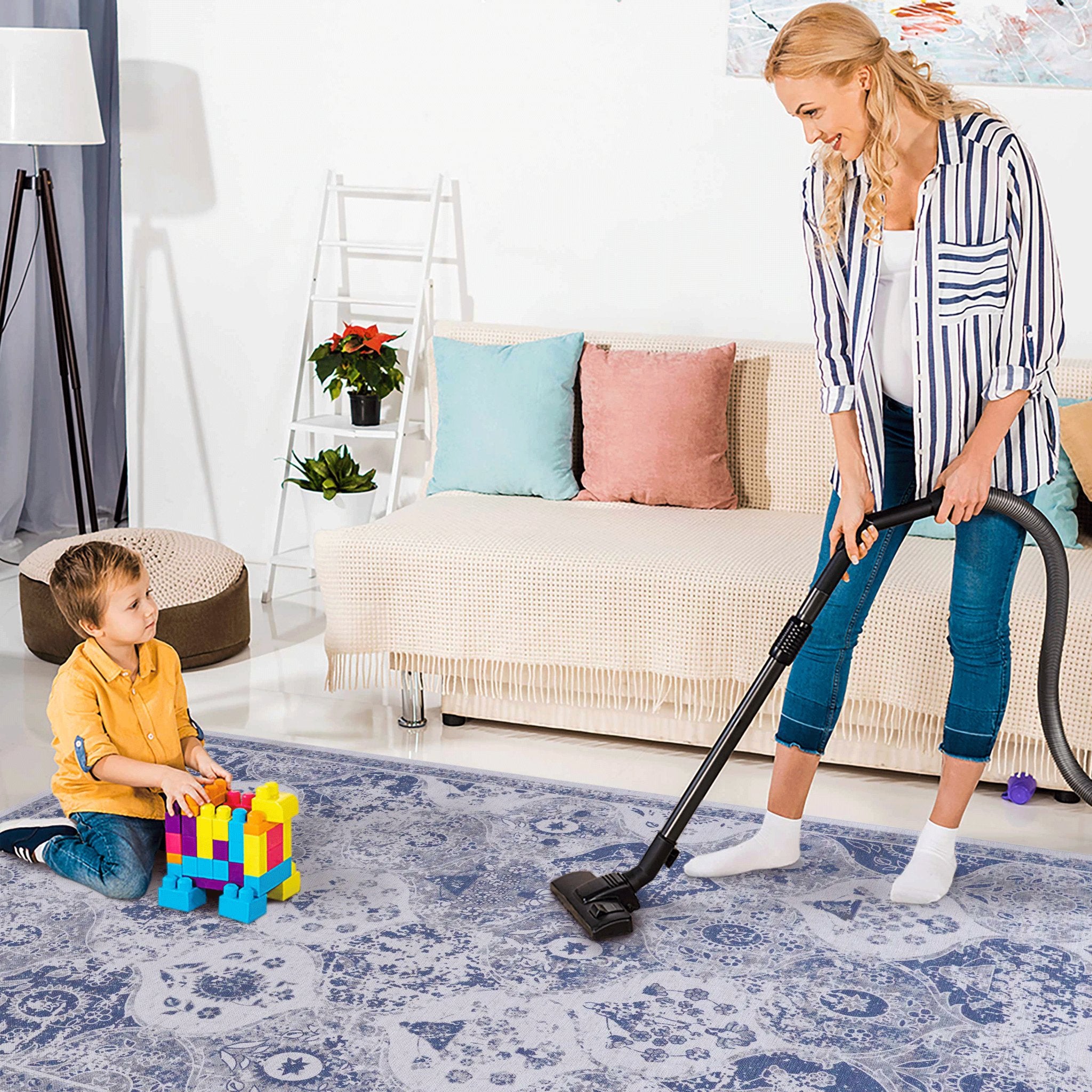 Rigo 8' x 10' Blue/ Machine Washable Low-Pile, Non-Slip, Non-Shedding, Foldable, Kid & Pet Friendly Area Rug - MidinMod