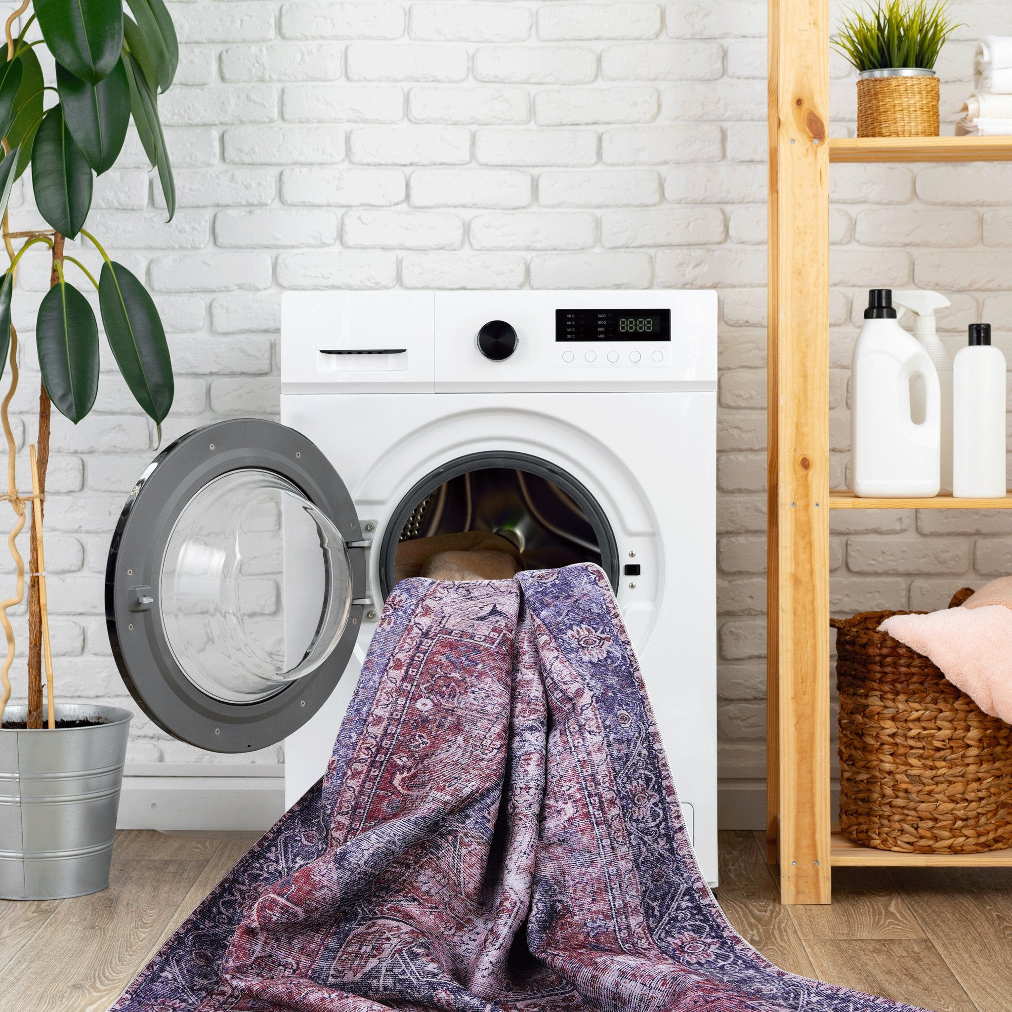 Elko 2' x 3' Burgundy/Blue Machine Washable Low-Pile, Non-Slip, Non-Shedding, Foldable, Kid & Pet Friendly Area Rug - MidinMod