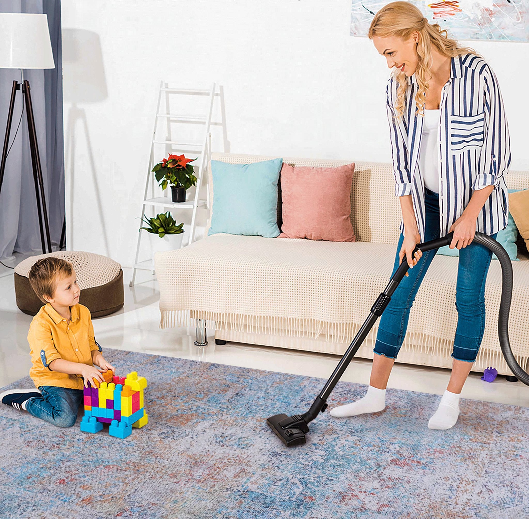 Elko 6' x 9' Yellow/Cream Machine Washable Low-Pile, Non-Slip, Non-Shedding, Foldable, Kid & Pet Friendly Area Rug - MidinMod