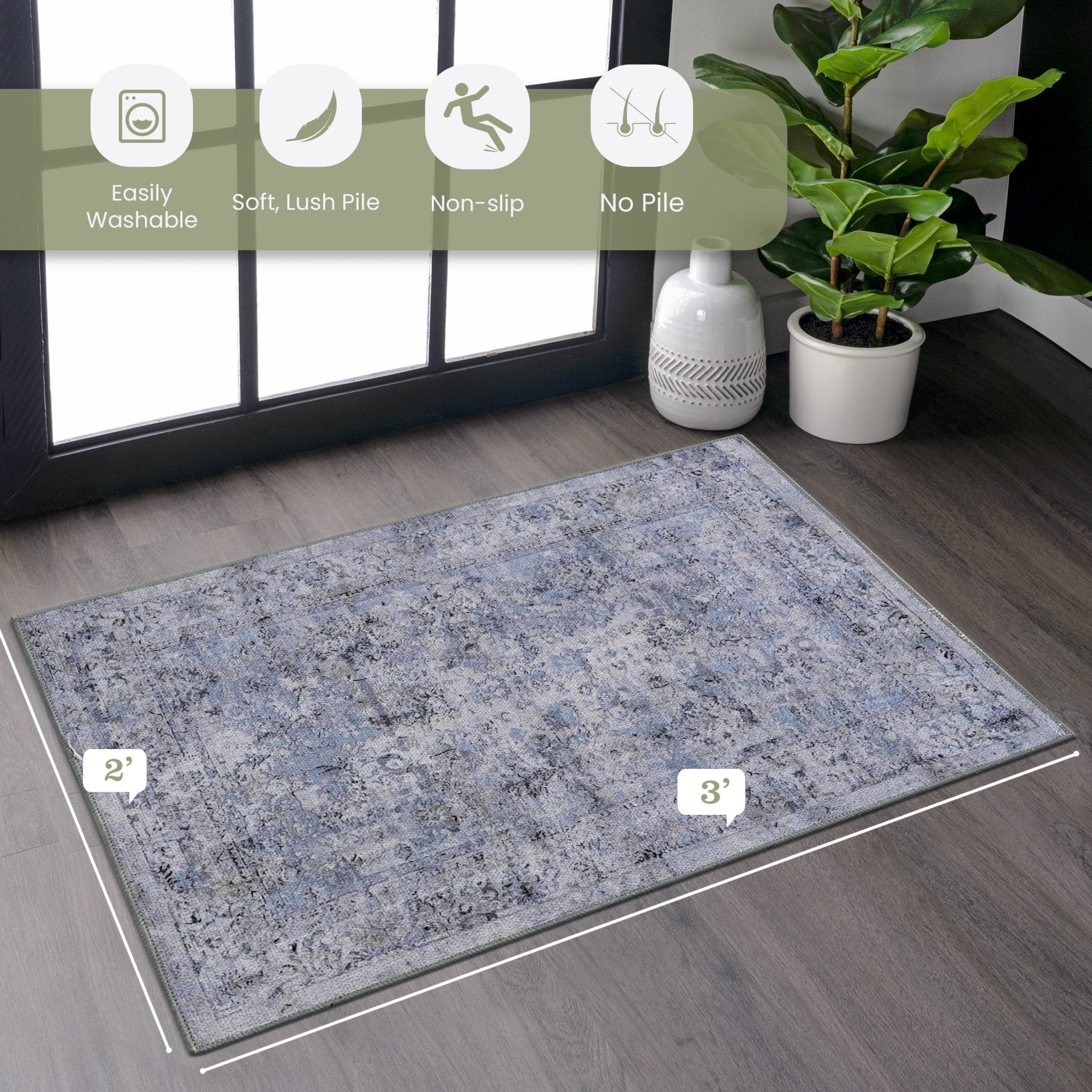 Colca 3' x 5' Blue/Cream Machine Washable Low-Pile, Non-Slip, Non-Shedding, Foldable, Kid & Pet Friendly Area Rug - MidinMod