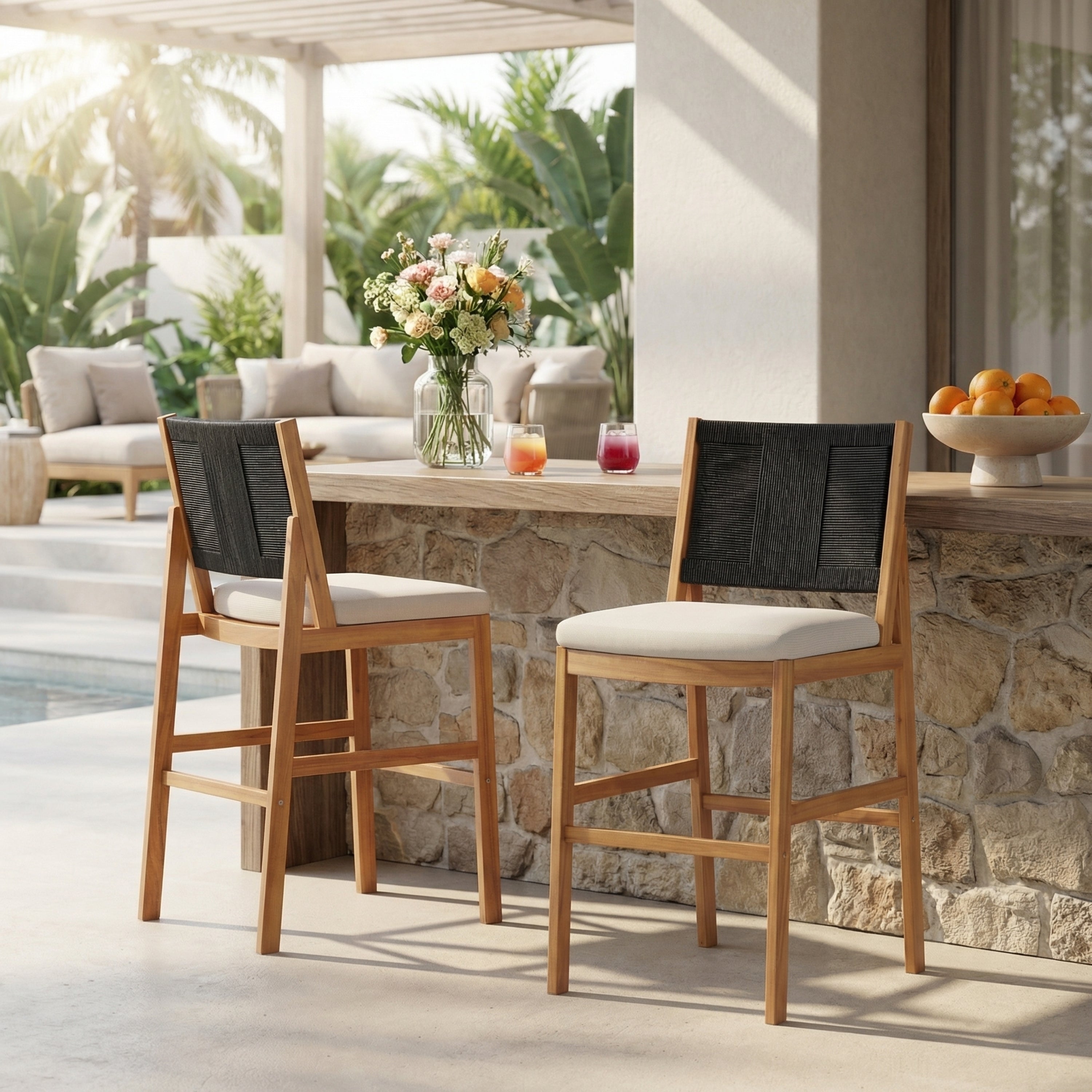 Outdoor Bar Stool Cushioned Seating - Teak