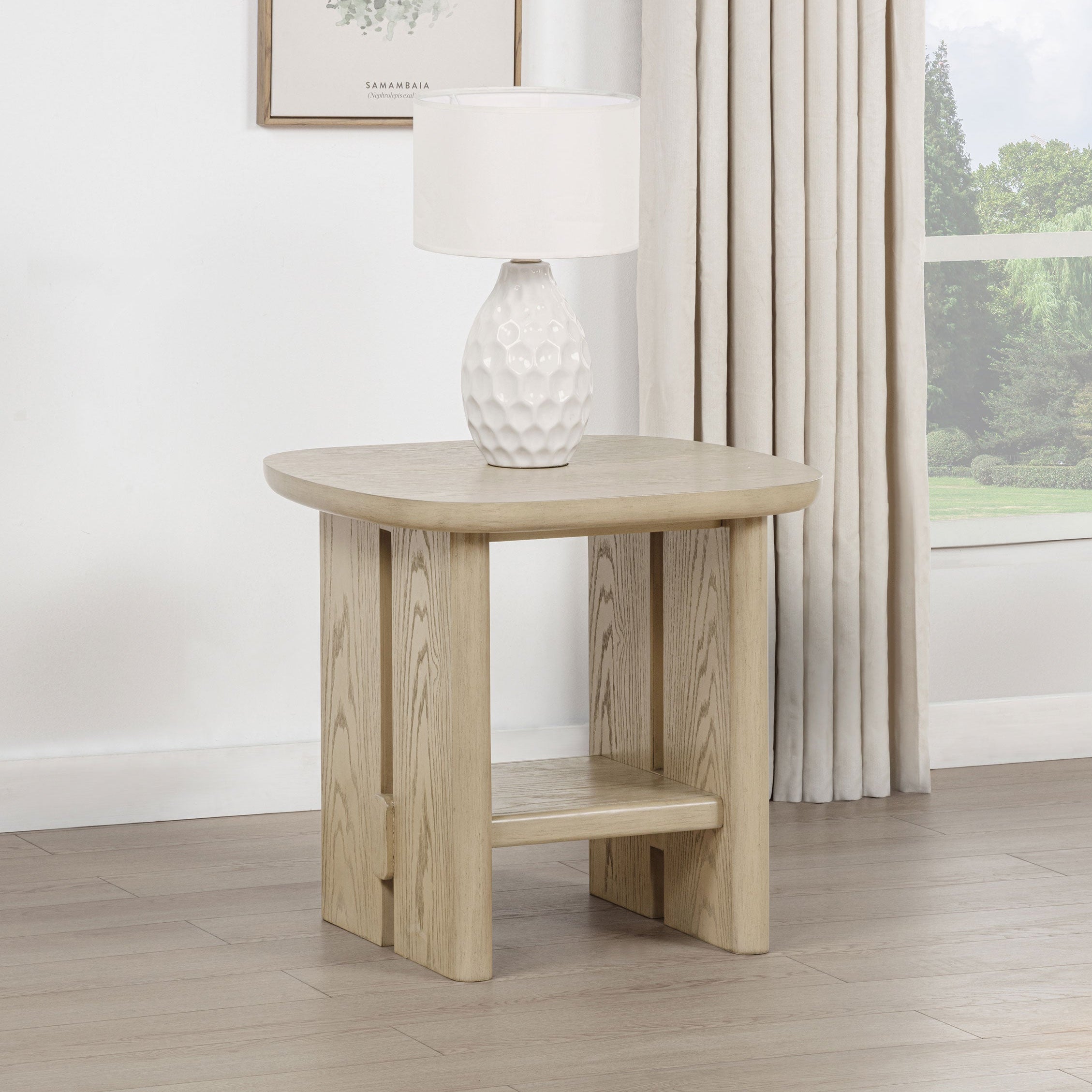 Kailani Coastal Square End Side Table with Shelf Beige Oak