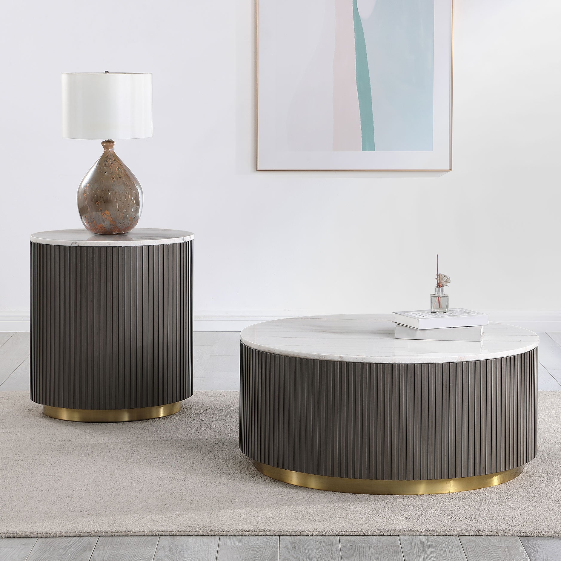 Jason Round Marble Top Side End Table White and Charcoal