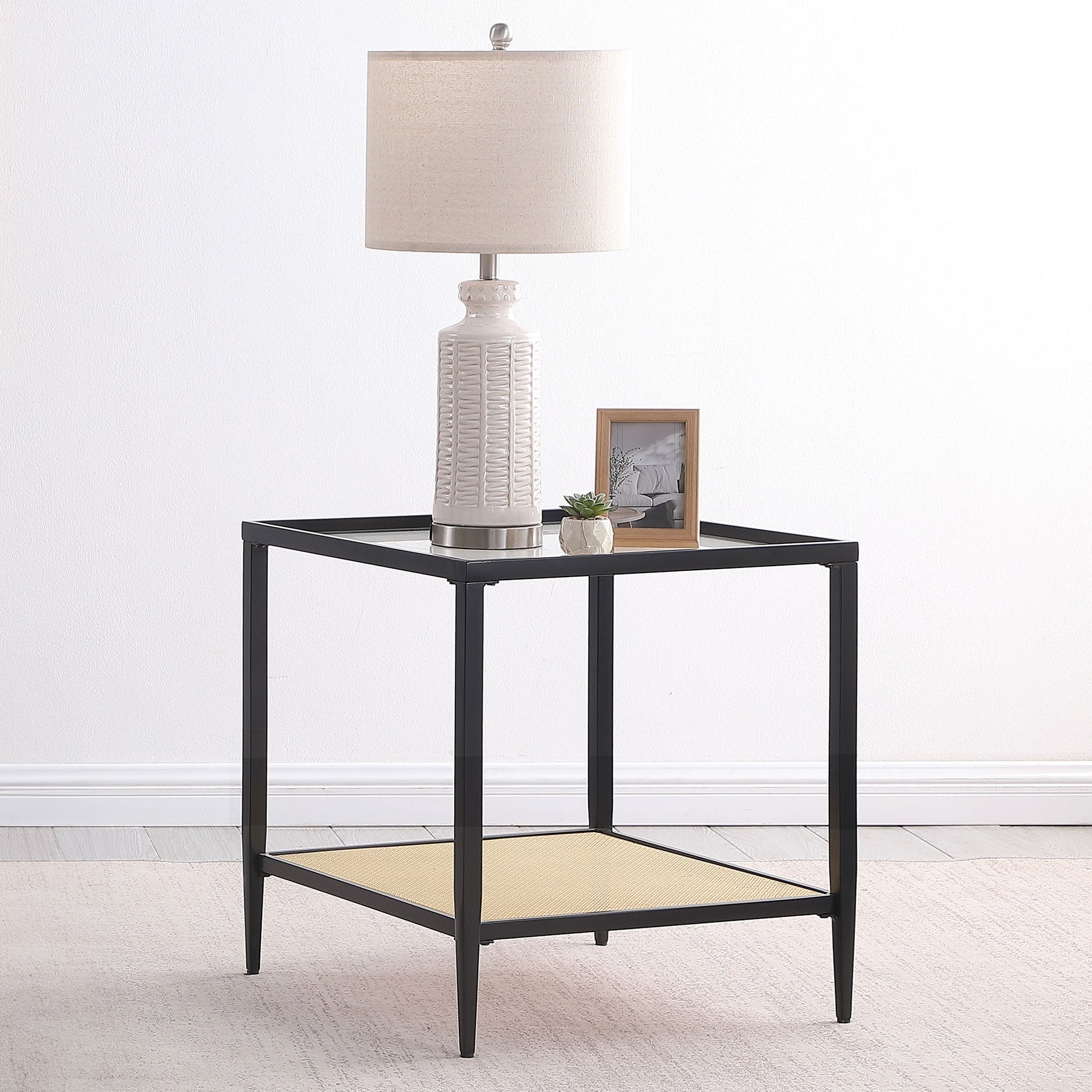 Amherst Glass Top Metal with Cane Shelf End Table Black