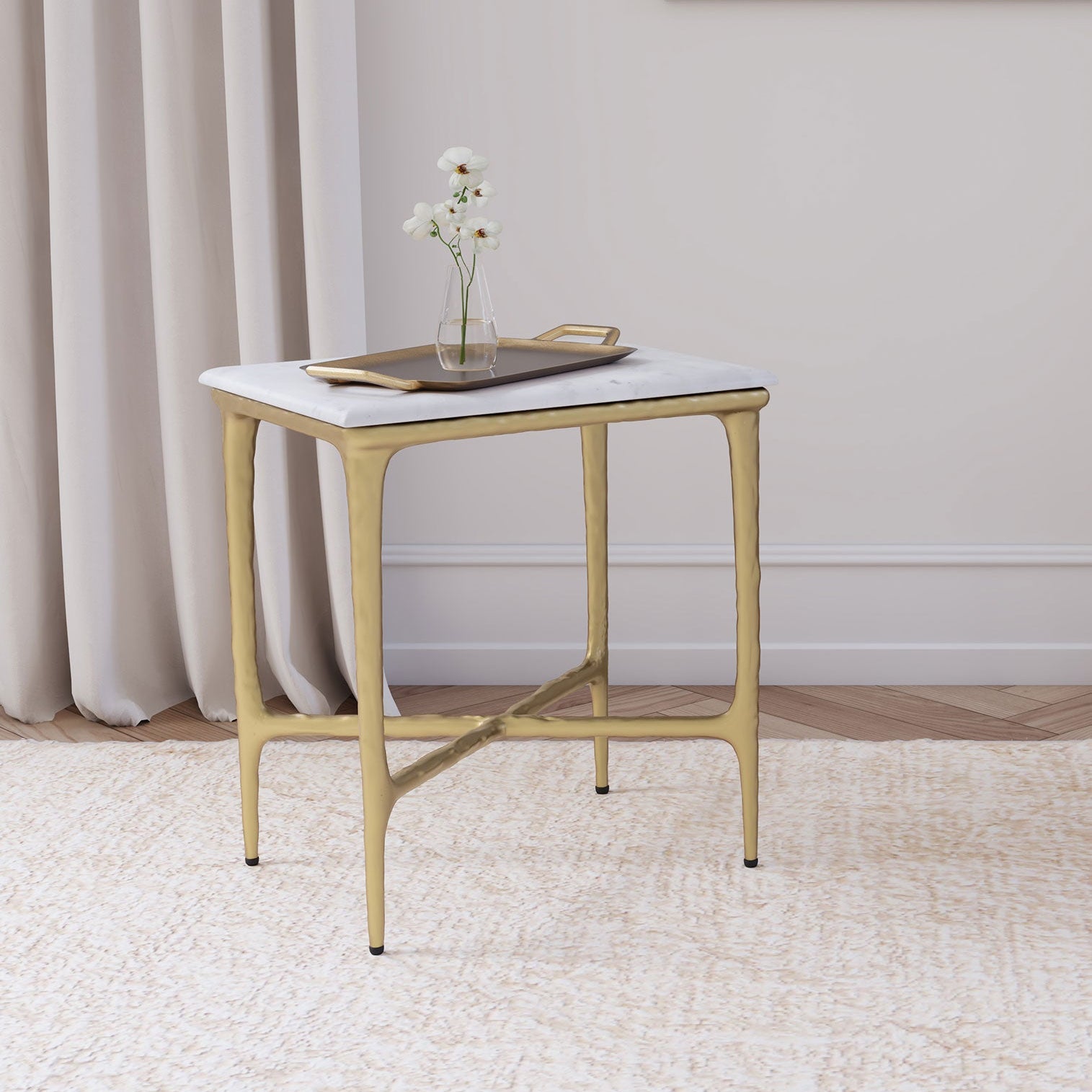 Baldwin Rectangular Marble Top Side Table White and Gold