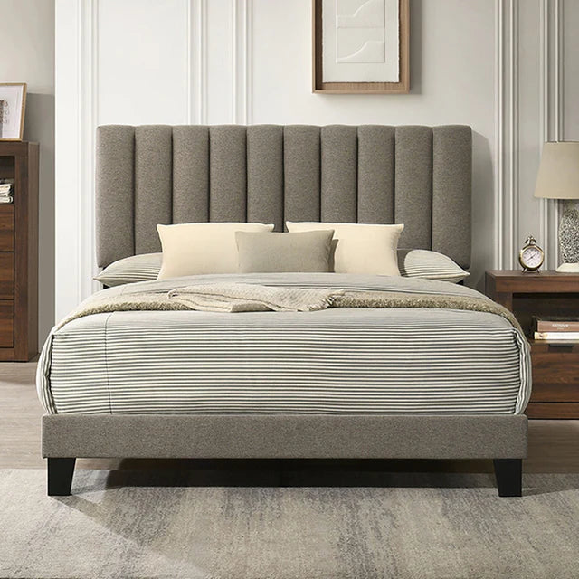 Altimari Walnut Queen Bed | Contemporary Channeled Fabric & Solid Wood Bed Frame | MidinMod