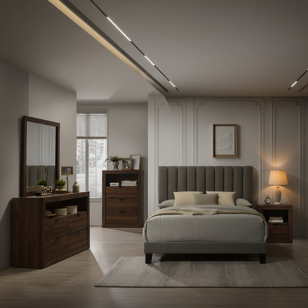 Altimari Walnut Queen Bed | Contemporary Channeled Fabric & Solid Wood Bed Frame | MidinMod