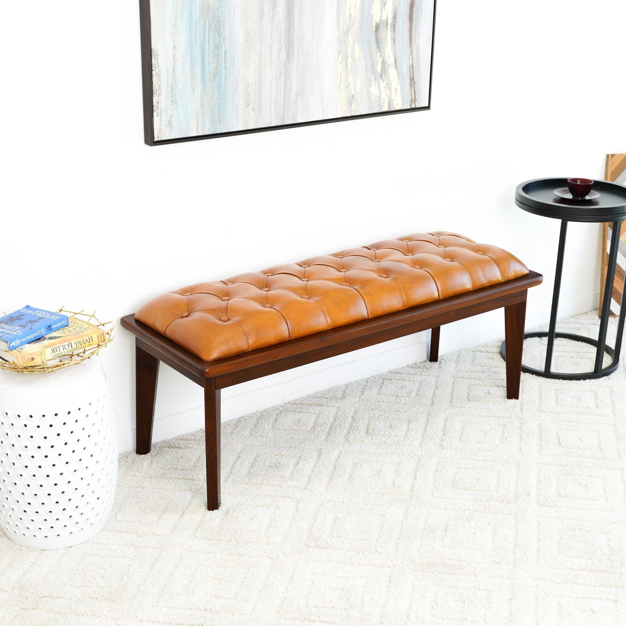 Arlington Tan Leather Bench w/Buttons - MidinMod