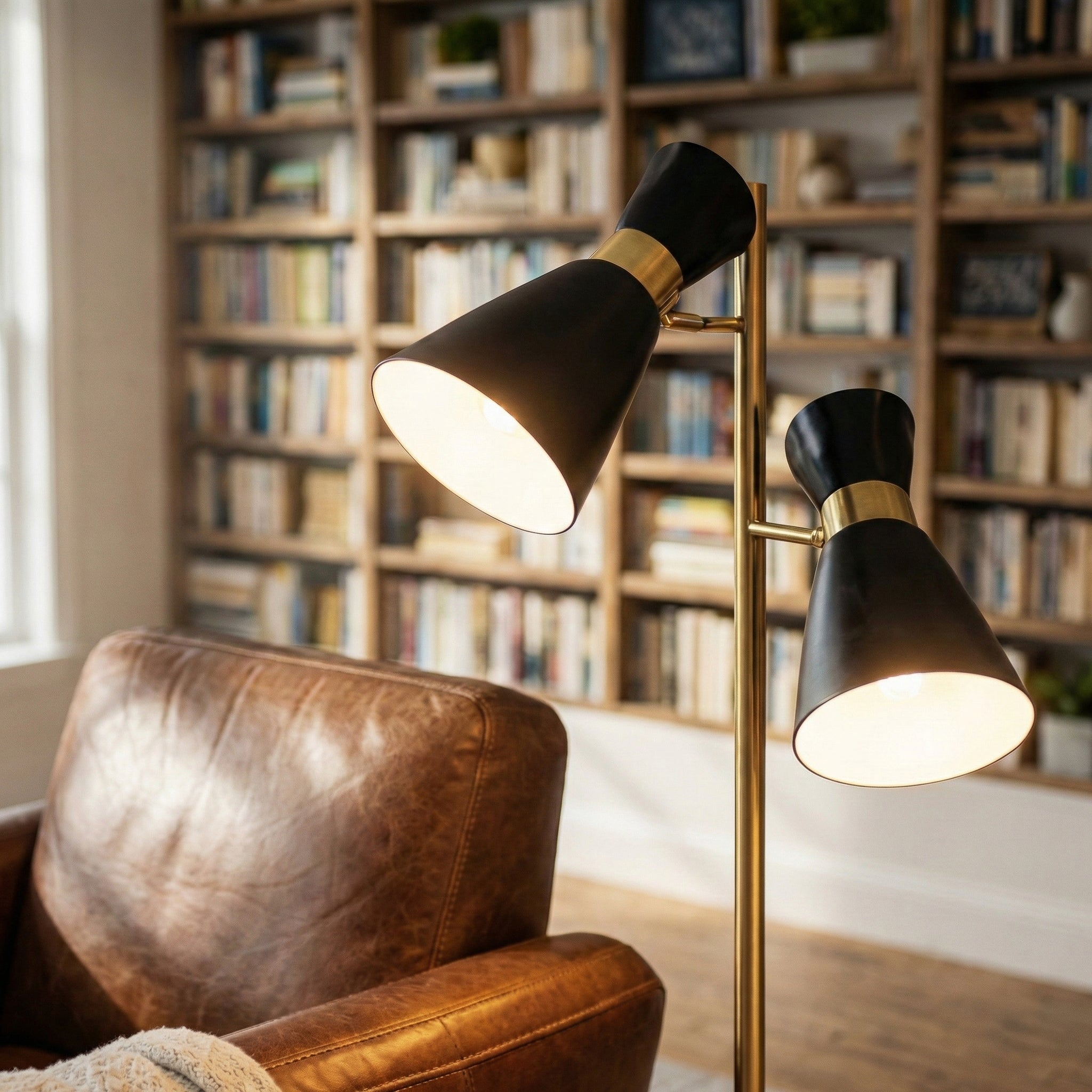 Axis Brassed Gold Floor Lamp with 4-Way Switch Double Spots with Metal Base - MidinMod