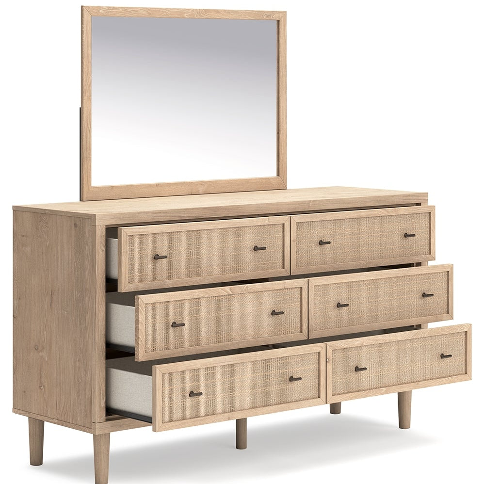 Cielden Full Upholstered Panel Bed with Mirrored Dresser and Nightstand
