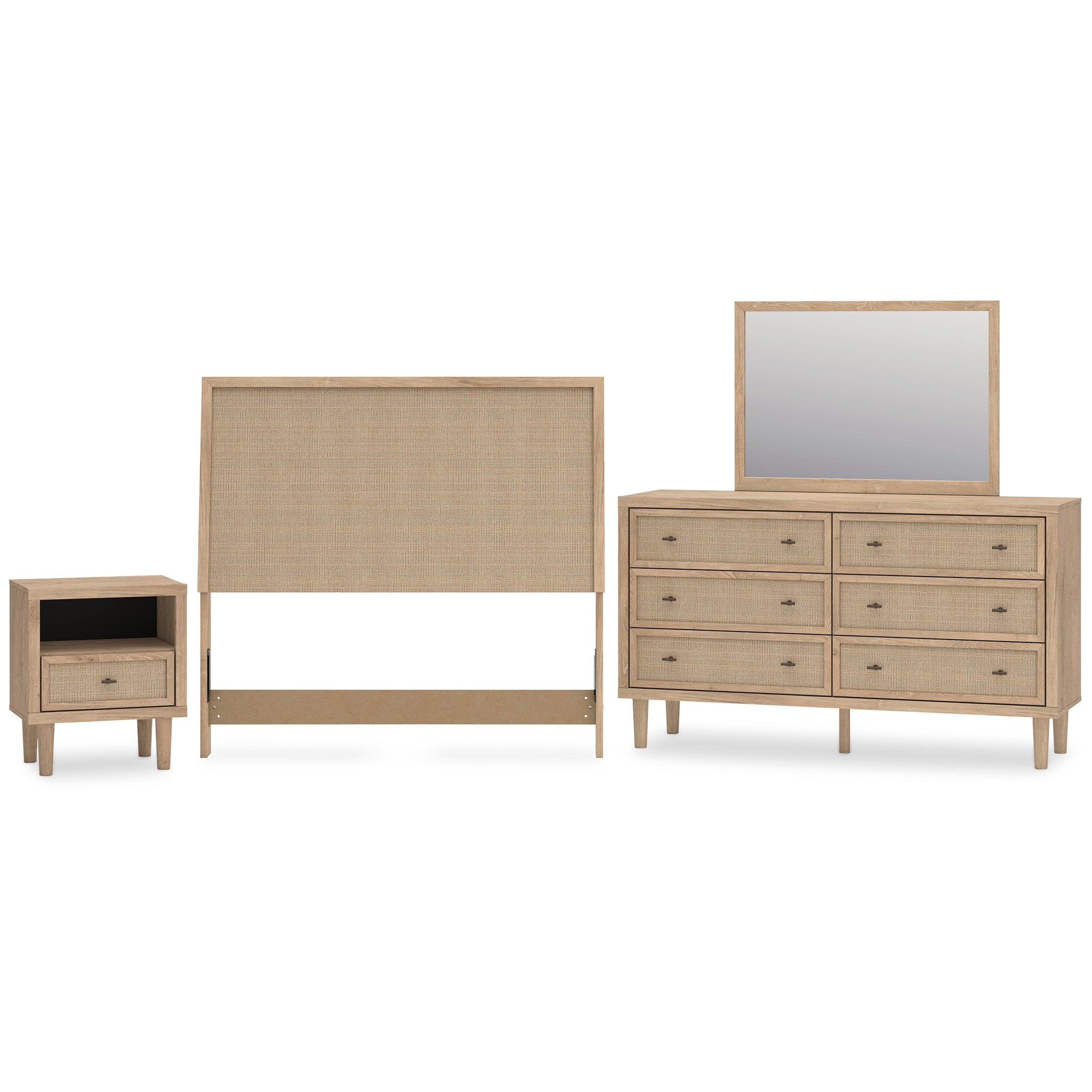Cielden Full Upholstered Panel Bed with Mirrored Dresser and Nightstand