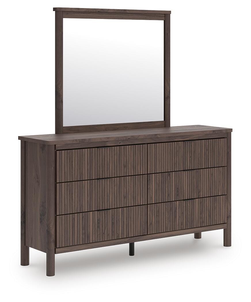 Cadmori Queen Upholstered Panel Platform Bed, Dresser, Mirror, Chest and Nightstand