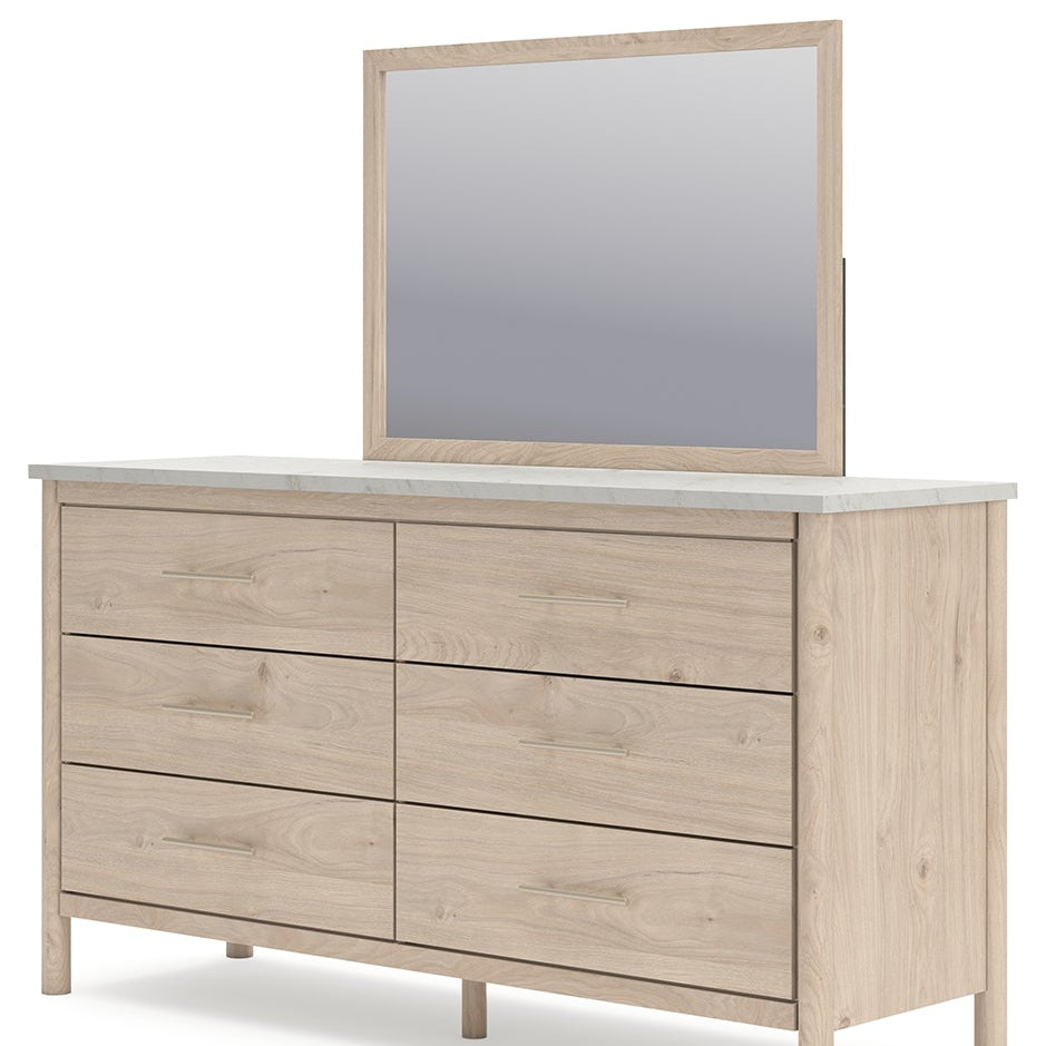 Cadmori Queen Upholstered Panel Bed with Mirrored Dresser