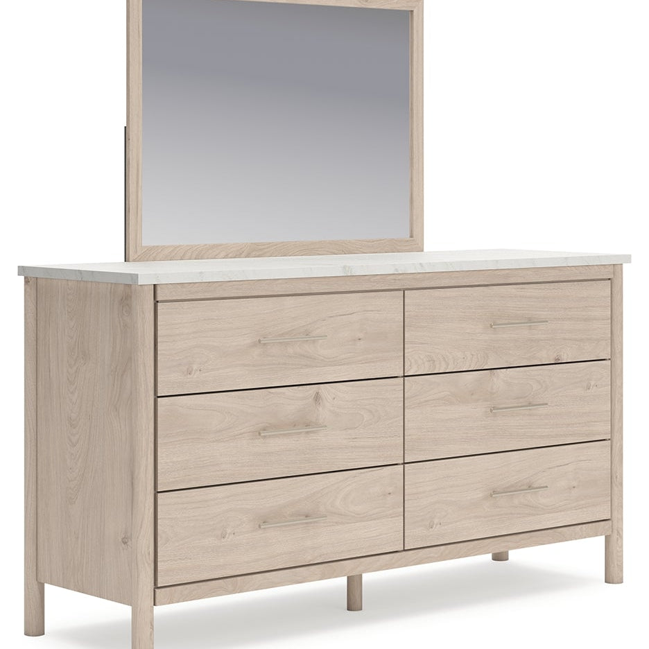 Cadmori Queen Upholstered Panel Bed with Mirrored Dresser