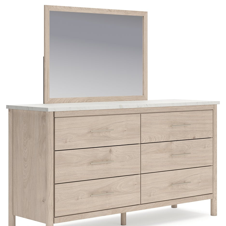 Cadmori Queen Upholstered Panel Bed with Mirrored Dresser, Chest and Nightstand