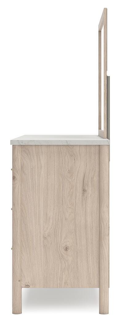 Cadmori Queen Upholstered Panel Bed with Mirrored Dresser, Chest and Nightstand
