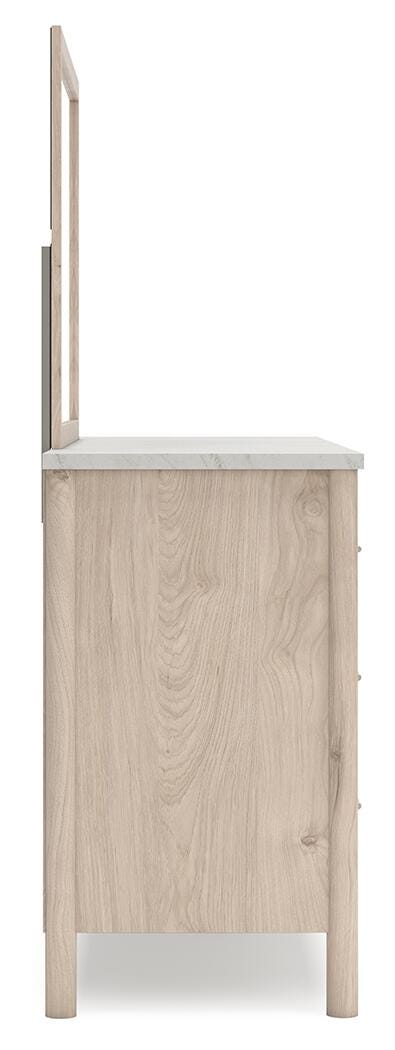 Cadmori Queen Upholstered Panel Bed with Mirrored Dresser, Chest and Nightstand