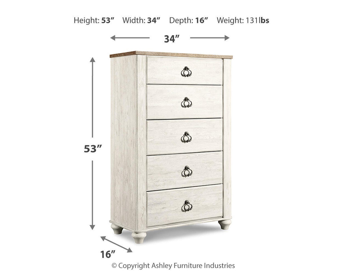 Willowton Queen/Full Panel Headboard Bed with Mirrored Dresser and Chest