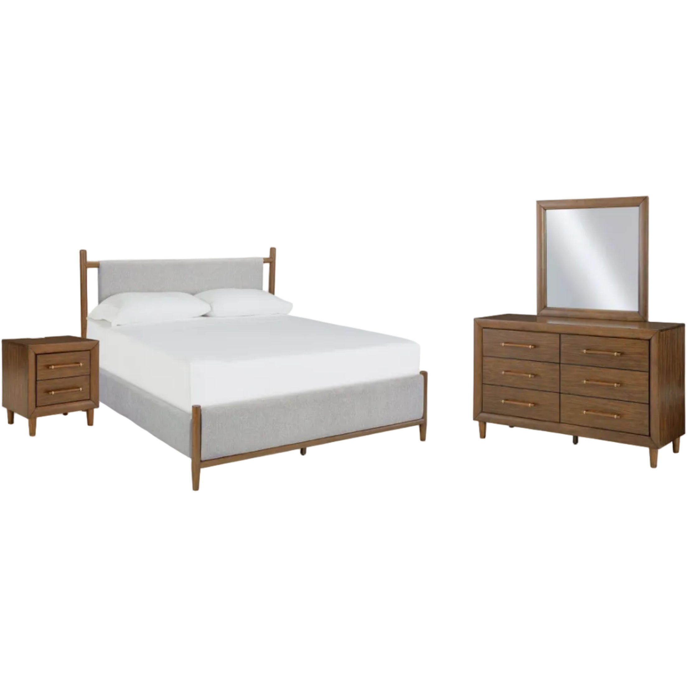 Lyncott Queen Upholstered Bed with Mirrored Dresser and Nightstand