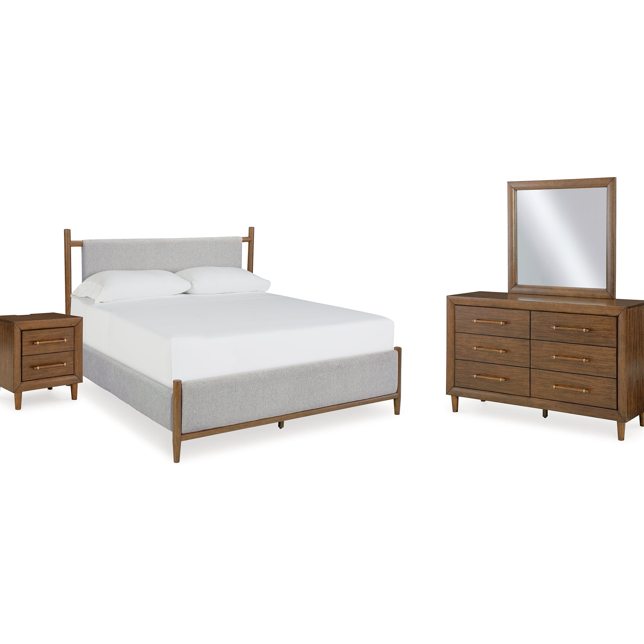 Lyncott California King Upholstered Bed with Mirrored Dresser and Nightstand
