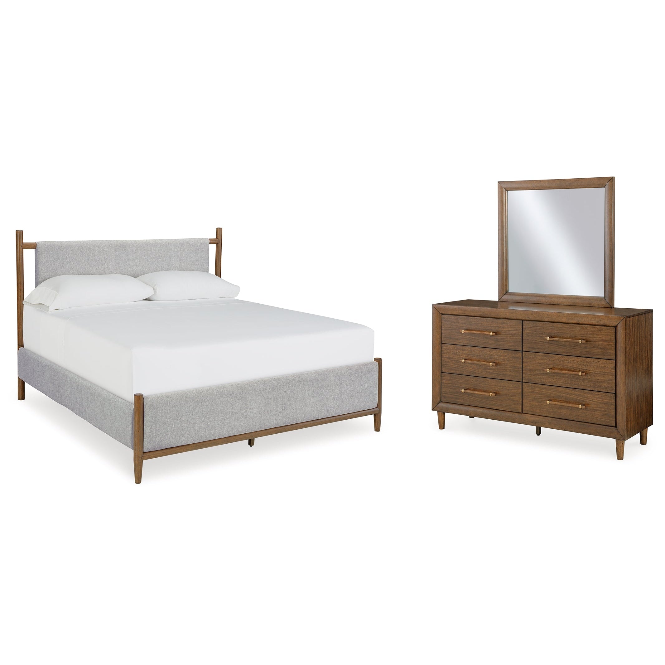 Lyncott California King Upholstered Bed with Mirrored Dresser