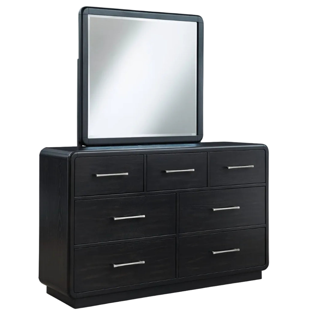 Rowanbeck California King Upholstered Panel Bed with Mirrored Dresser