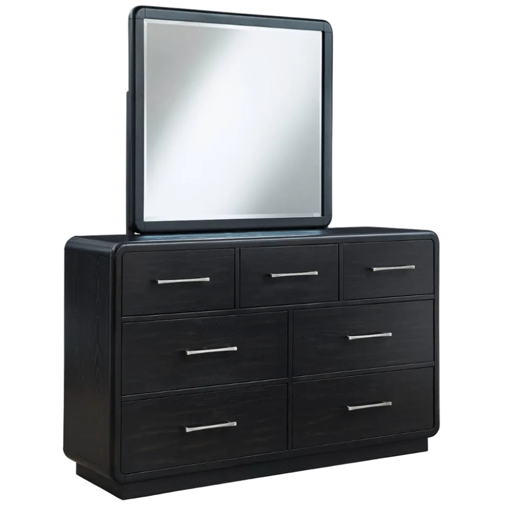 Rowanbeck King Upholstered Panel Bed, Dresser, Mirror, Chest and Nightstand