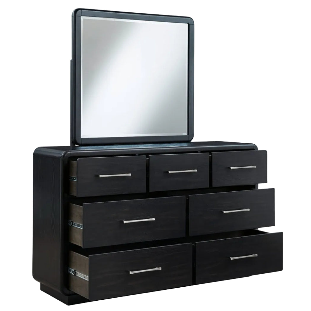 Rowanbeck King Upholstered Panel Bed with Mirrored Dresser