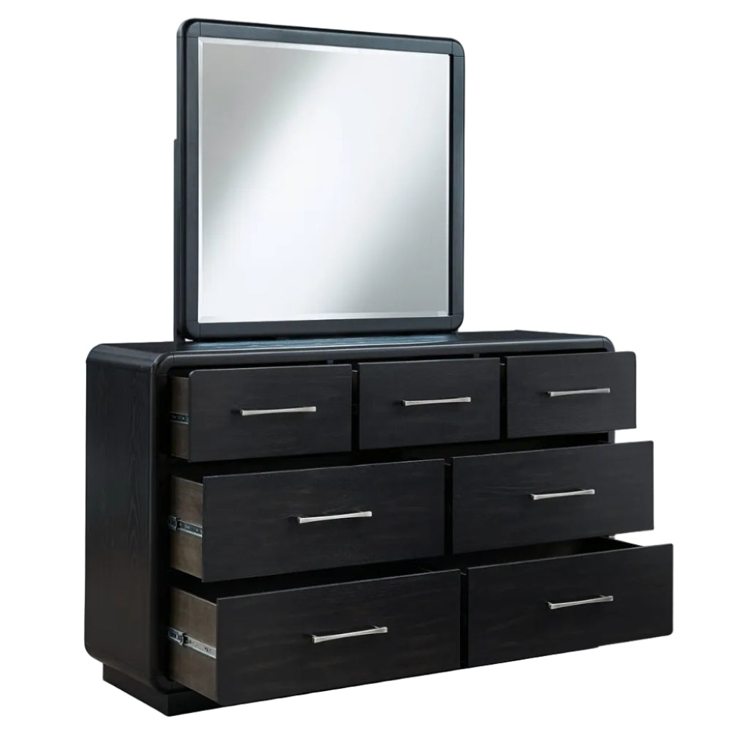 Rowanbeck California King Upholstered Panel Bed, Dresser, Mirror, Chest and Nightstand