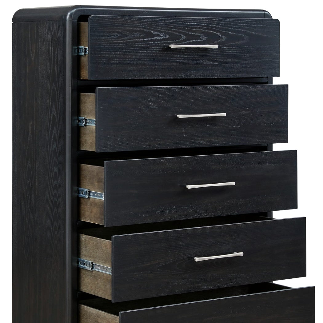Rowanbeck California King Upholstered Panel Bed, Dresser, Mirror, Chest and Nightstand