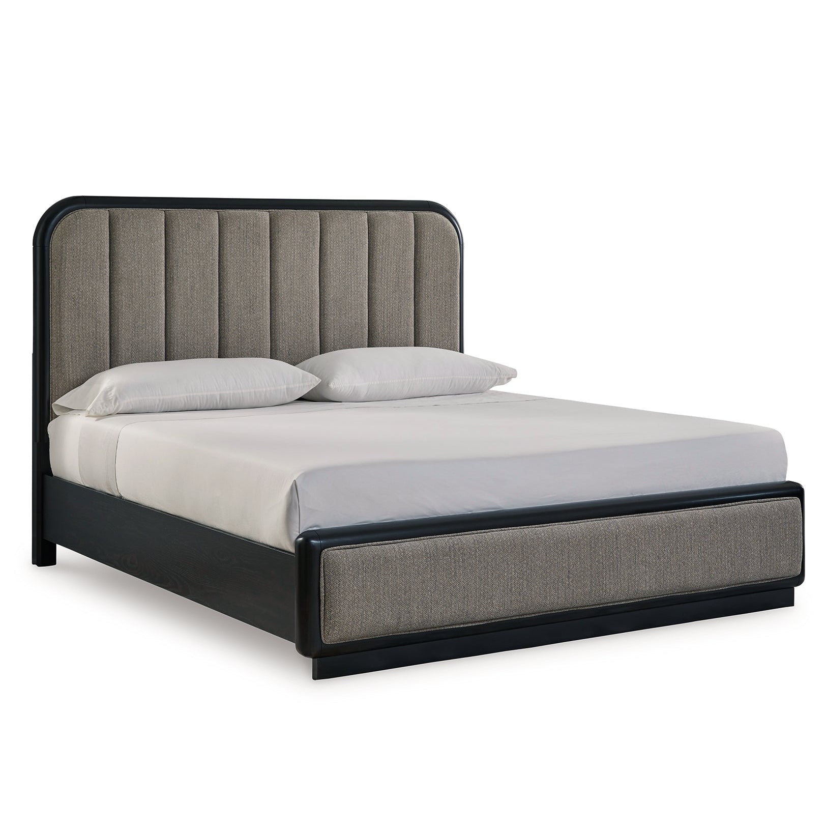 Rowanbeck California King Upholstered Panel Bed with Mirrored Dresser
