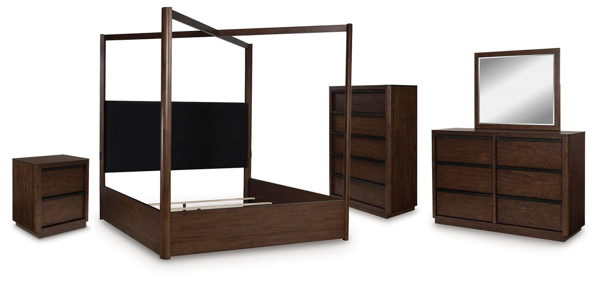 Kendamor Queen Canopy Bed with Mirrored Dresser, Chest and Nightstand