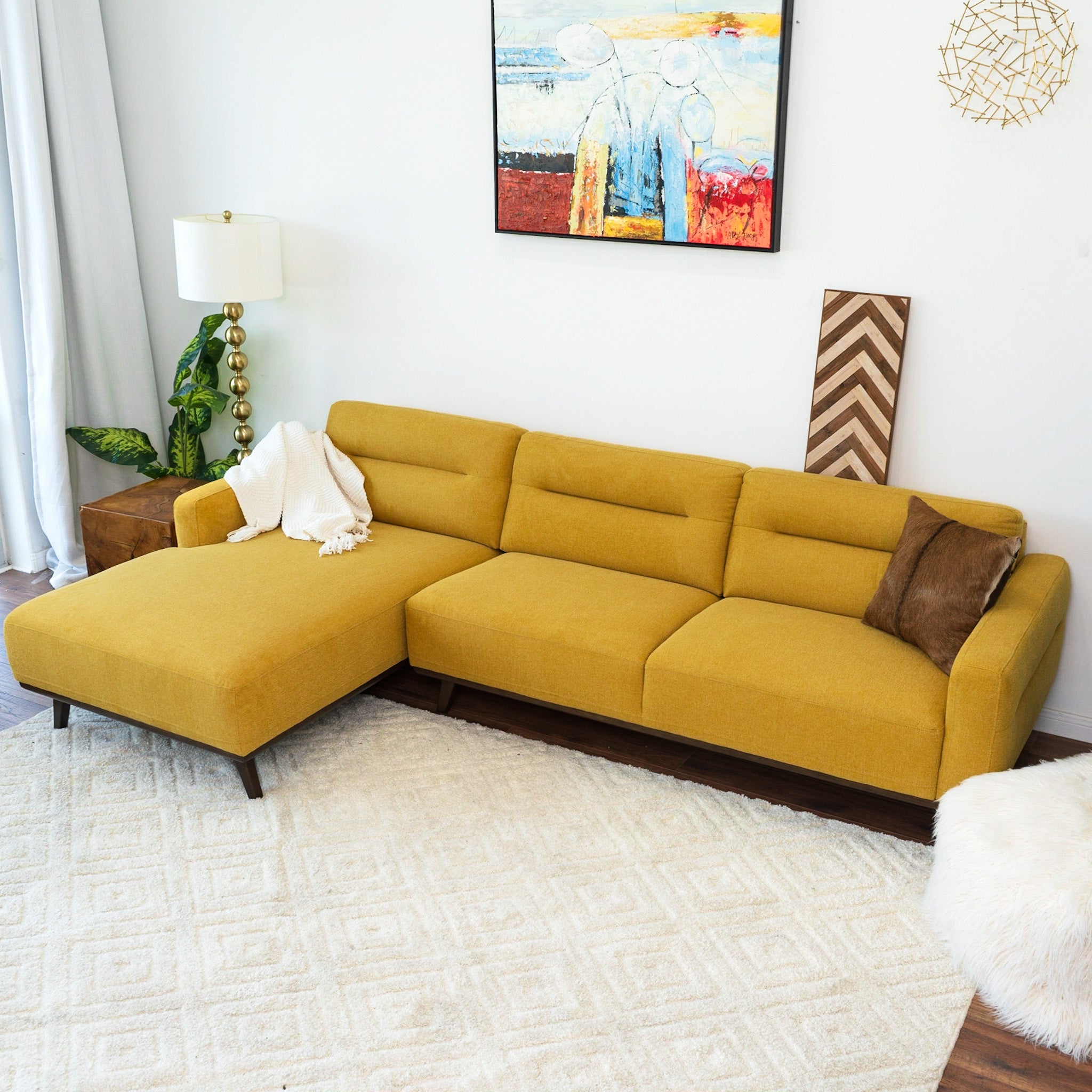 Baltic L Shaped Left Sectional Sofa Yellow Linen - MidinMod