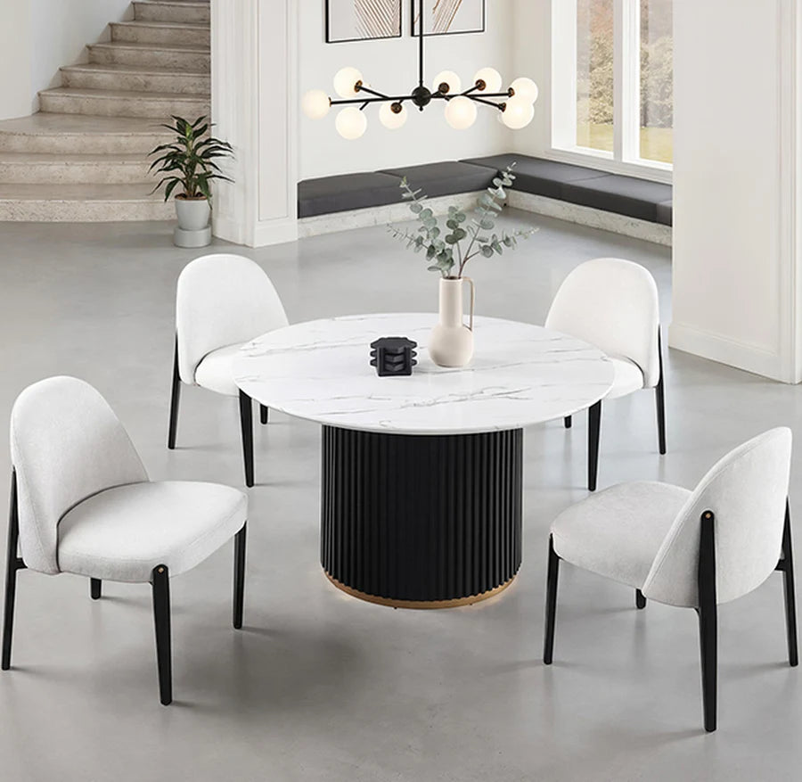 Borden Black and White Round Dining Table | Contemporary Reeded Metal Drum Base Dining Table | MidinMod