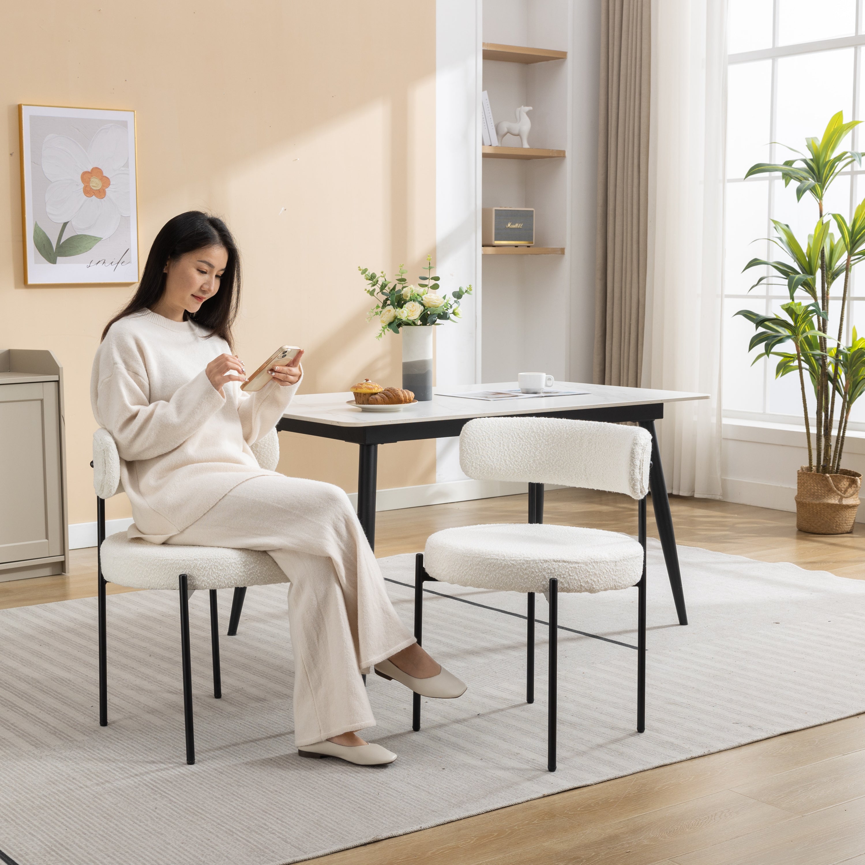 Burbank Modern Round Boucle Dining Chairs - MidinMod