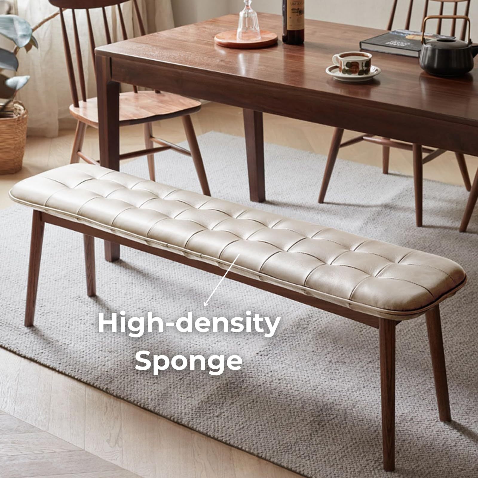 Burrow Modern White & Walnut Solid Wood Upholstered Dining Bench With Leather Cushion - MidinMod