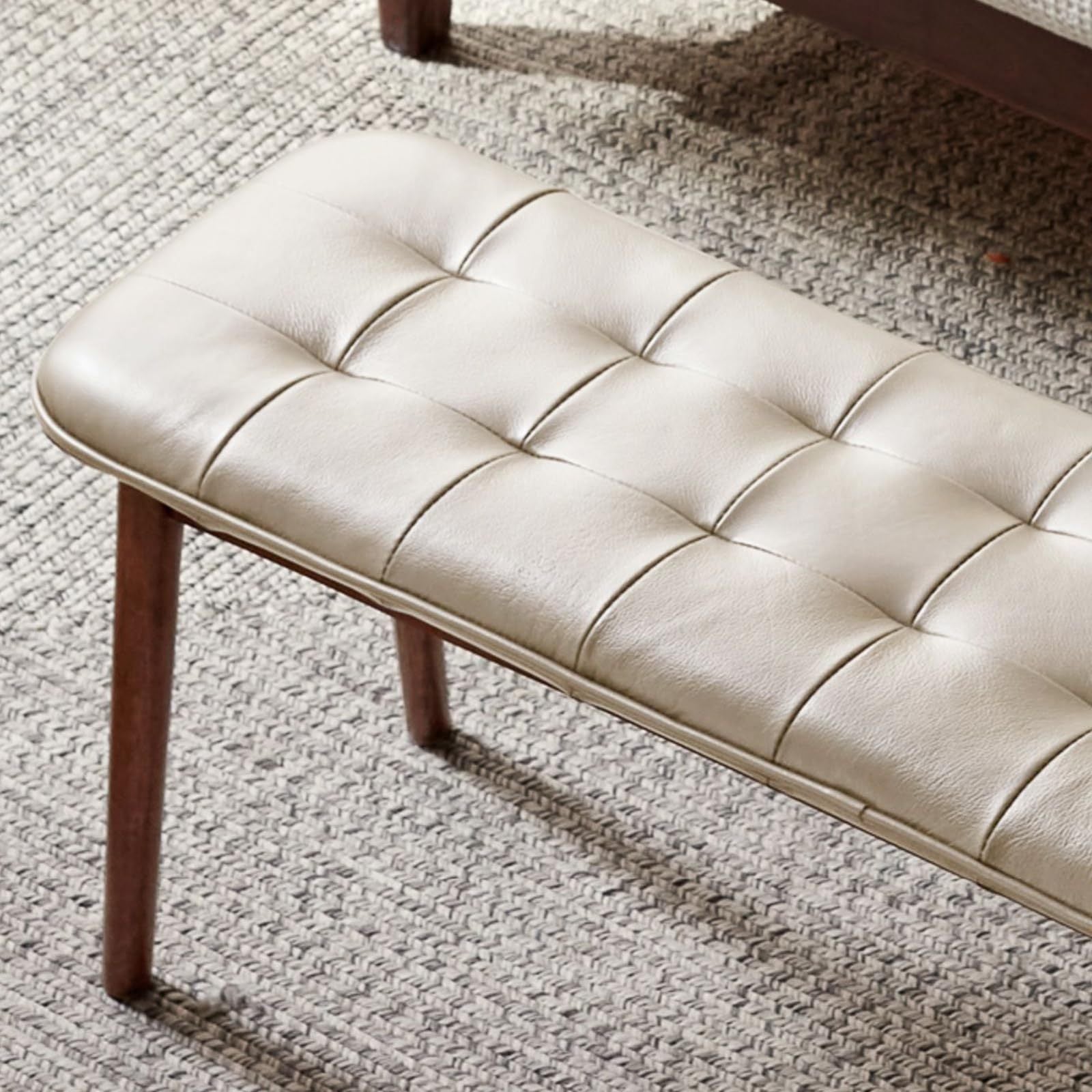 Burrow Modern White & Walnut Solid Wood Upholstered Dining Bench With Leather Cushion - MidinMod