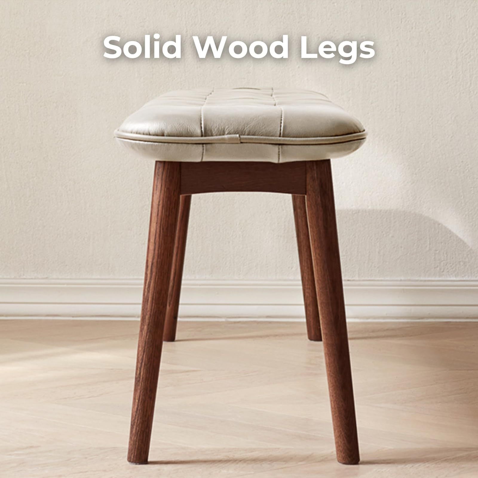 Burrow Modern White & Walnut Solid Wood Upholstered Dining Bench With Leather Cushion - MidinMod